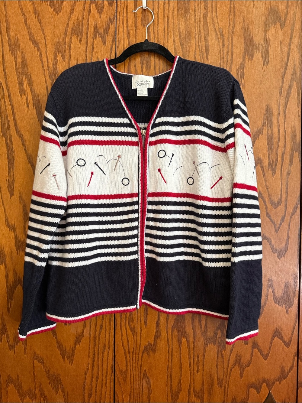 Christopher & Banks Navy, White & Red Striped Zip Cardigan